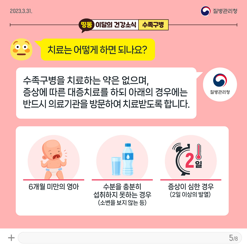 [2023년 3월 31일 질병관리청] Q. 치료는 어떻게 하면 되나요? A. 수족구병을 치료하는 약은 없으며, 증상에 따른 대증치료를 하며 아래의 경우에는 반드시 의료기관을 방문하여 치료받도록 합니다. > 6개월 미만의 영아 > 수분을 충분히 섭취하지 못하는 경우(소변을 보지 않는 등) > 증상이 심한 경우(2일 이상의 발열) [8페이지 중 5페이지]